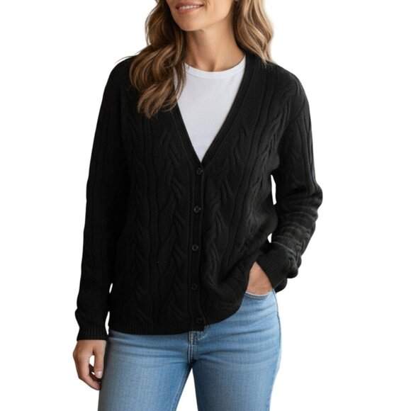 Paul Harris Lambswool Cardigan Sweater Black Cable Knit Womens Size M - Picture 1 of 9